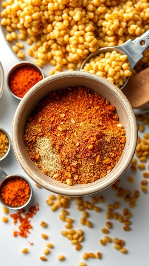 Flavorful Quinoa Seasoning Recipe A bowl of quinoa seasoning mix with spices, measuring spoons, and cooked quinoa in the background.